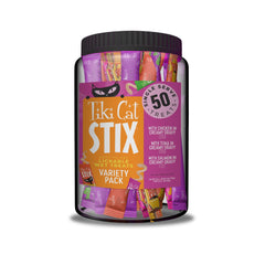 Tiki Cat Stix Mousse Treats mega jar label highlights protein-rich snack.