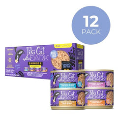 Tiki Cat After Dark Shreds variety pack cans—protein-rich bites for carnivore-inspired diet.