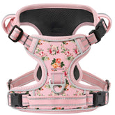Timos dog harness front view in pink, no-pull design for easier daily walks.
