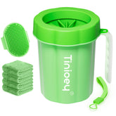 Tinioey paw cleaner with handle in green, ergonomic grip for easy muddy-paws cleaning after walks.