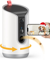 TKENPRO 2K pet camera front view with treat dispenser enabling remote interaction