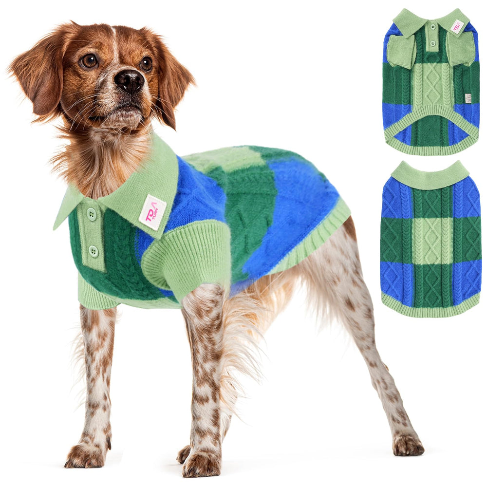To a Turn pullover dog sweater front view in green 2XL keeps dogs warm during chilly walks