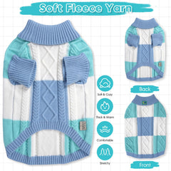 To A Turn turtleneck dog sweater blue group M side pattern shows color inlay detail.