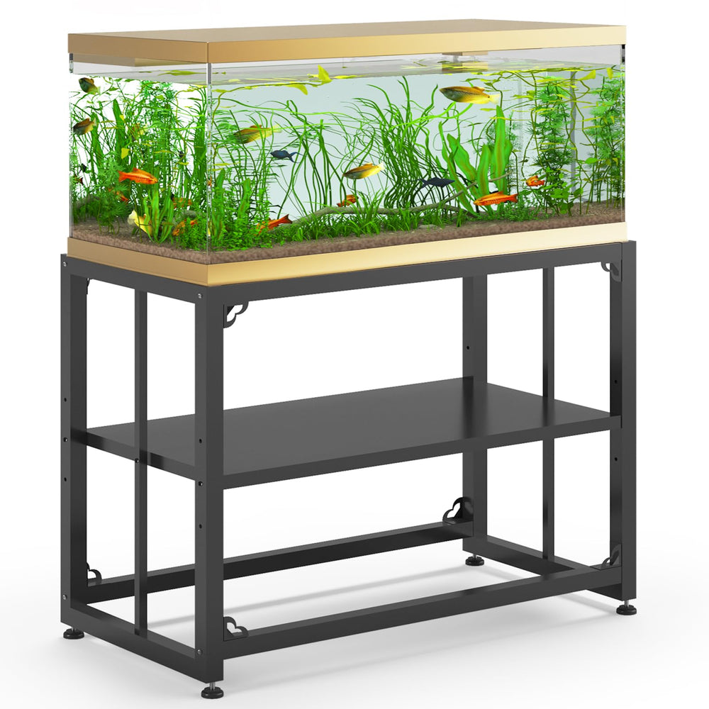 TOCRETOARE fish tank stand front view shows a sturdy black finish for durable home use.