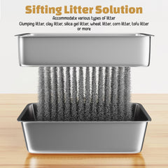 Tom & Sora Creations stainless steel sifting litter box side profile emphasizes high walls for contained litter