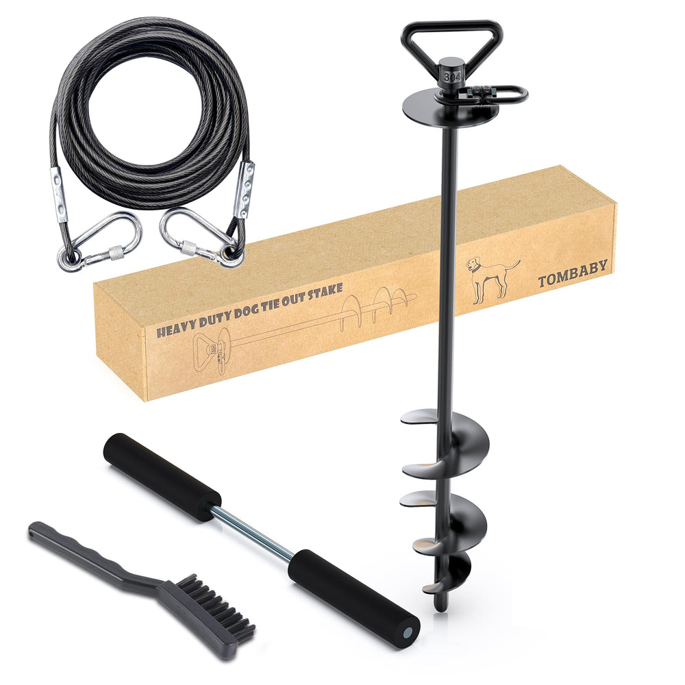 TOMBABY dog tie out stake with 360° swivel enables safe yard roaming.