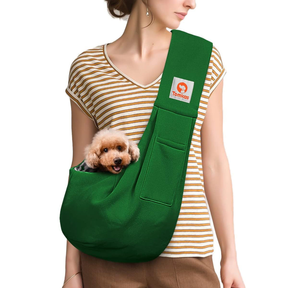 Tomkas dog sling emerald-green front opening enables easy pet placement for quick trips.