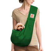 Tomkas dog sling emerald-green front opening enables easy pet placement for quick trips.
