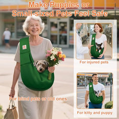 Tomkas dog sling emerald green safety buckle helps keep small dogs secure during use.