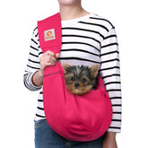 TOMKAS dog sling carrier in rose red front view highlights durable fabric for small dogs.
