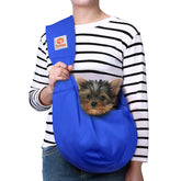 Tomkas dog sling royal blue with adjustable strap for comfortable hands-free carry.