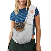 Tomkas small dog sling grey front pocket shows organized storage for essentials on the go.