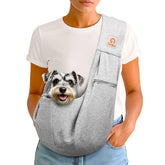 TOMKAS small dog sling grey front view shows secure fit for tiny pets