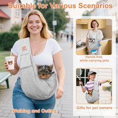 Tomkas small dog sling grey adjustable strap ensures a comfortable, customizable fit.