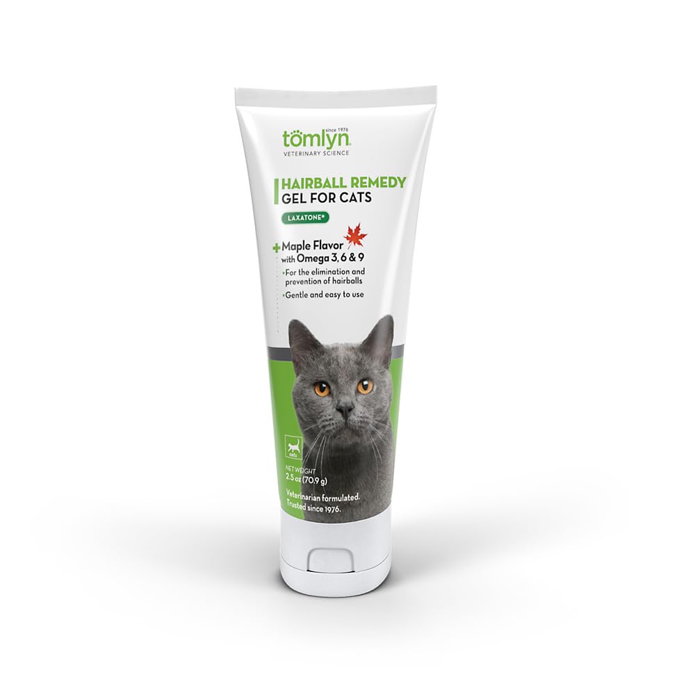 Tomlyn Laxatone maple-flavored hairball gel jar supports hairball management in cats.