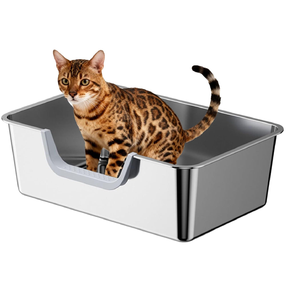 Tondid stainless steel cat litter box front view, high sides reduce litter scatter and spills