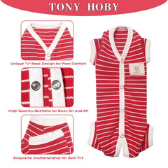 TONY HOBY dog pajamas front view shows four-leg design for mobility.