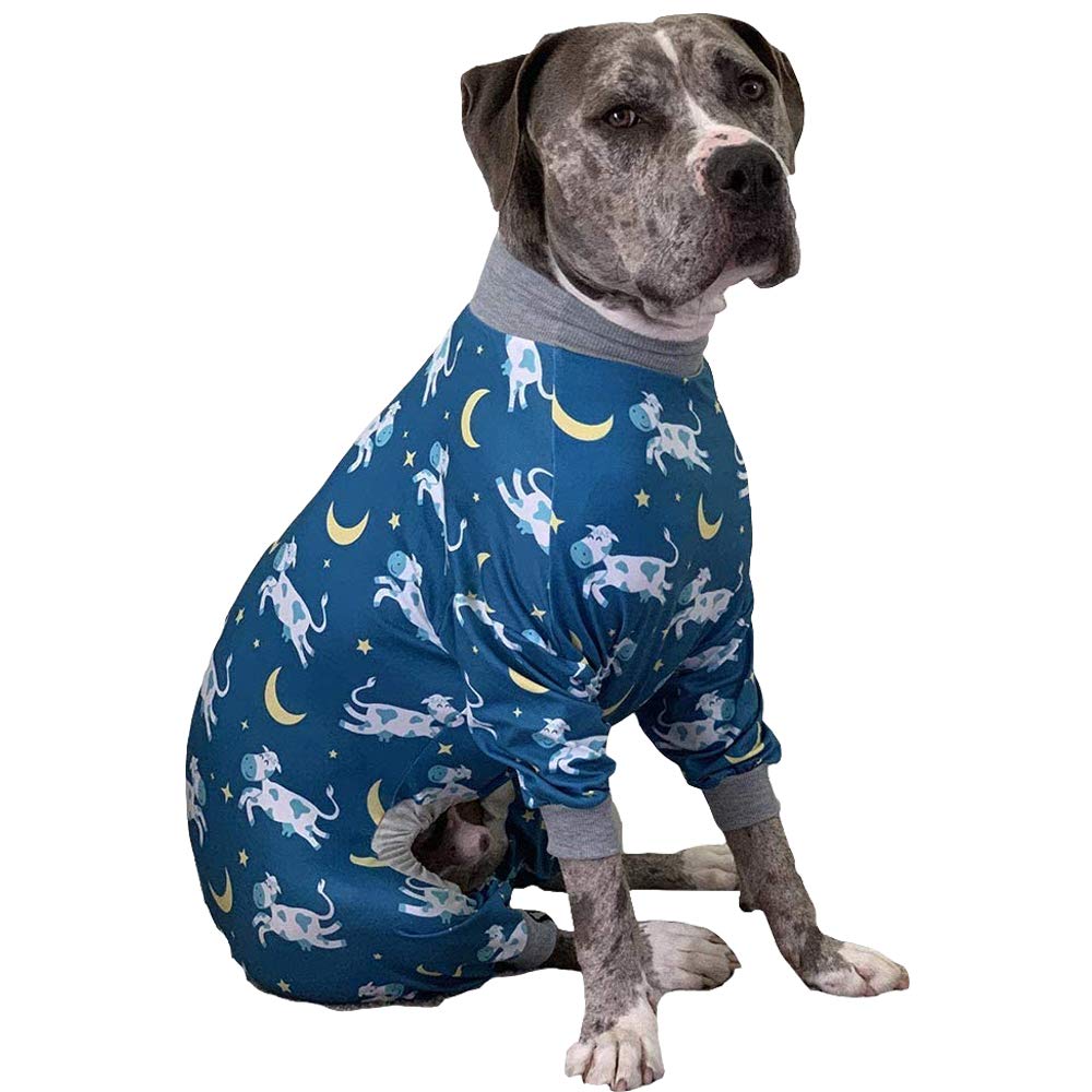 Tooth & Honey pit bull pajamas front view with cow moon star print for daily comfort