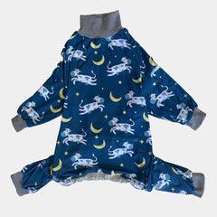 Tooth & Honey pit bull pajamas side view shows broad-chest fit for easy on/off