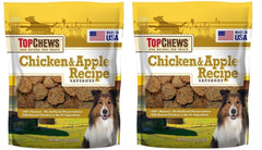 Top Chews Chicken & Apple Sausages 2Pack image shows natural dog treats featuring chicken and apple, USA-made.