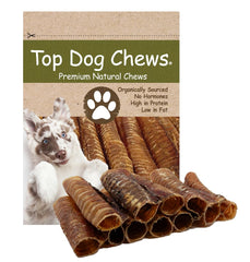 Top Dog Chews 6-inch beef trachea packfront highlights dental-friendly, all-natural chew.
