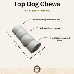 Top Dog Chews beef cheek rolls closeup texture—thick, natural chew.