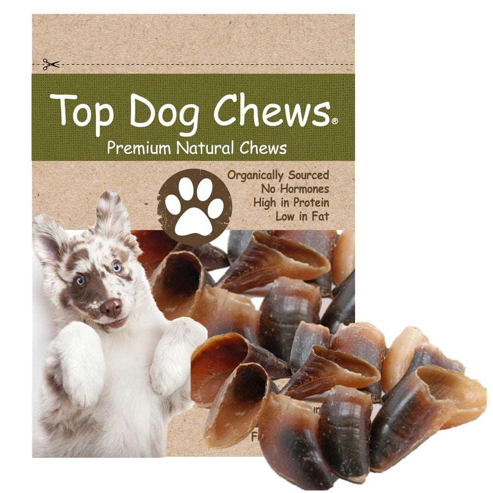 Top Dog Chews cow hooves pack close-up highlighting natural texture for long-lasting chewing.