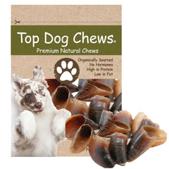 Top Dog Chews cow hooves pack close-up highlighting natural texture for long-lasting chewing.