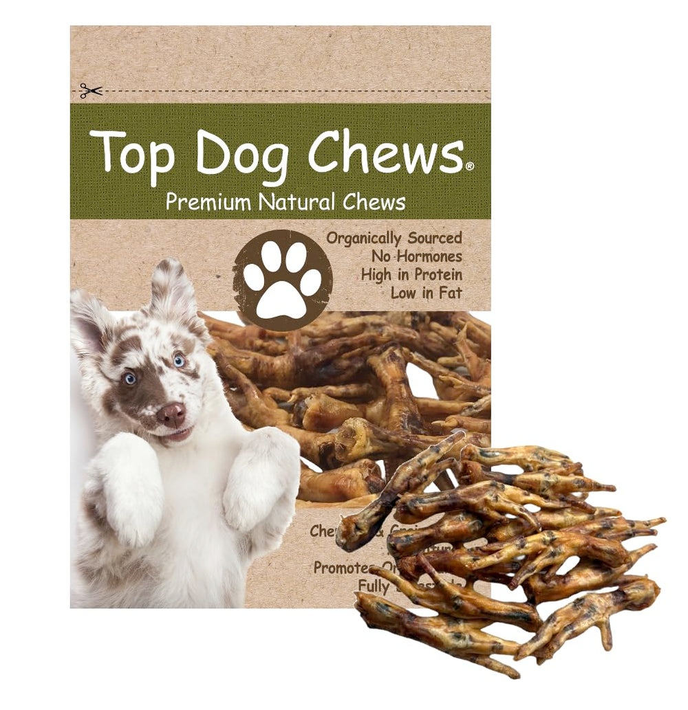 Top Dog Chews Dehydrated Chicken Feet pack shot highlighting single-ingredient snack