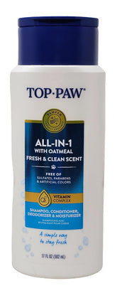 Top Paw all-in-1 shampoo bottle cap enables easy solo-bath grooming.