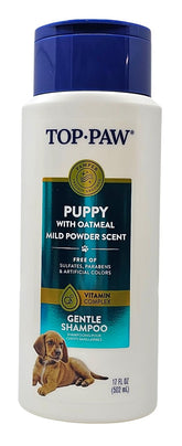 Top Paw puppy oatmeal shampoo bottle front view for gentle cleansing and puppy-safe care.