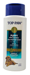 Top Paw puppy oatmeal shampoo bottle front view for gentle cleansing and puppy-safe care.