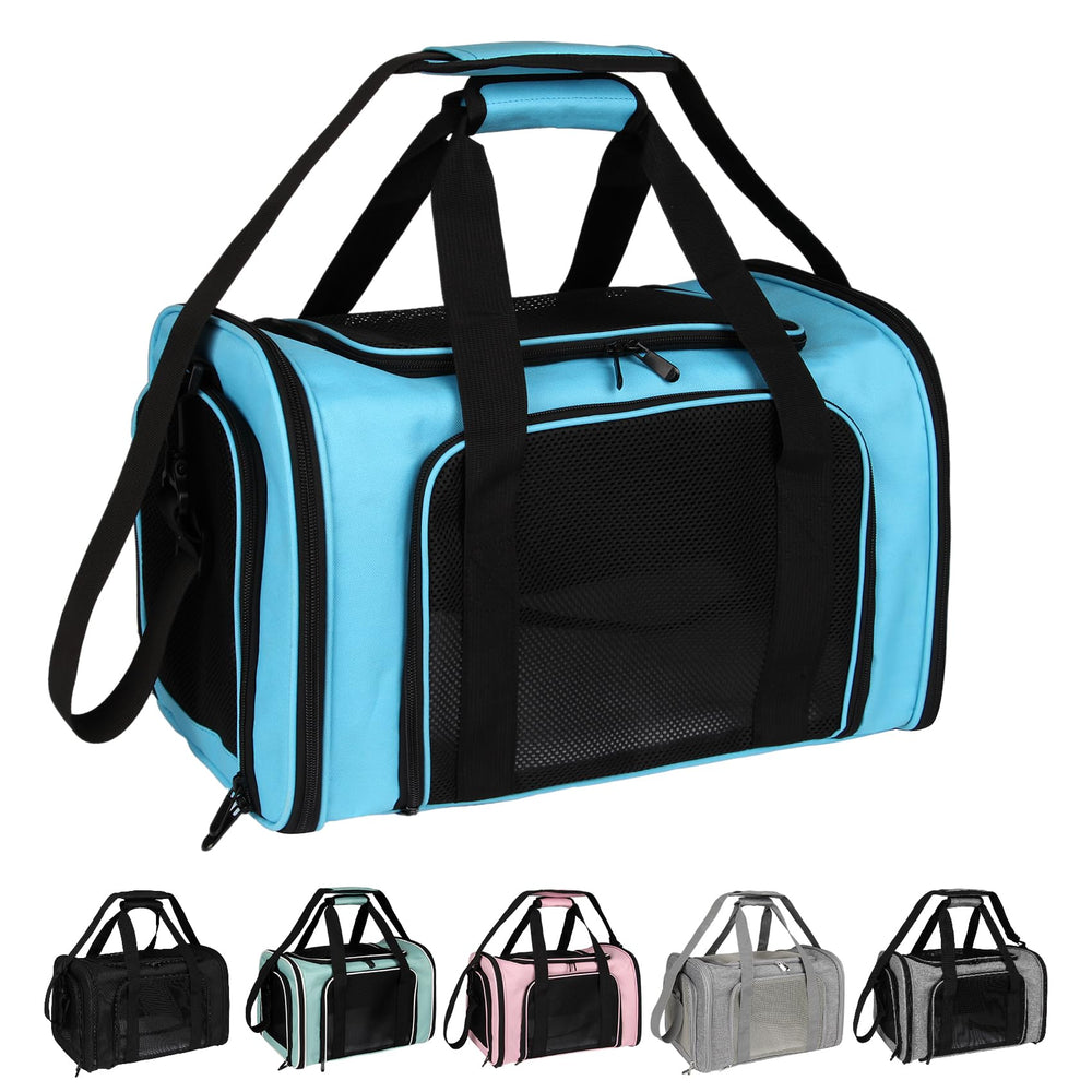 Top tasta dog cat carrier blue front view shows sturdy design for pets
