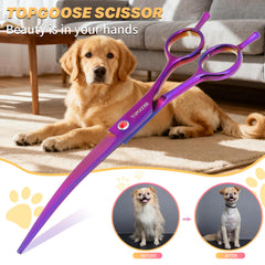 TOPGOOSE ergonomic-handle grooming scissor demonstrates comfortable long sessions.