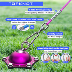 TOPKNOT 15ft dog cable provides long reach for safe yard exploration.