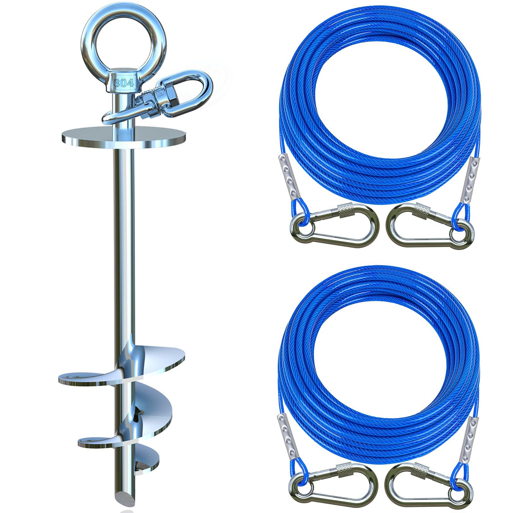 TOPKNOT dog tie-out cable and stake assembly demonstrates easy yard setup.