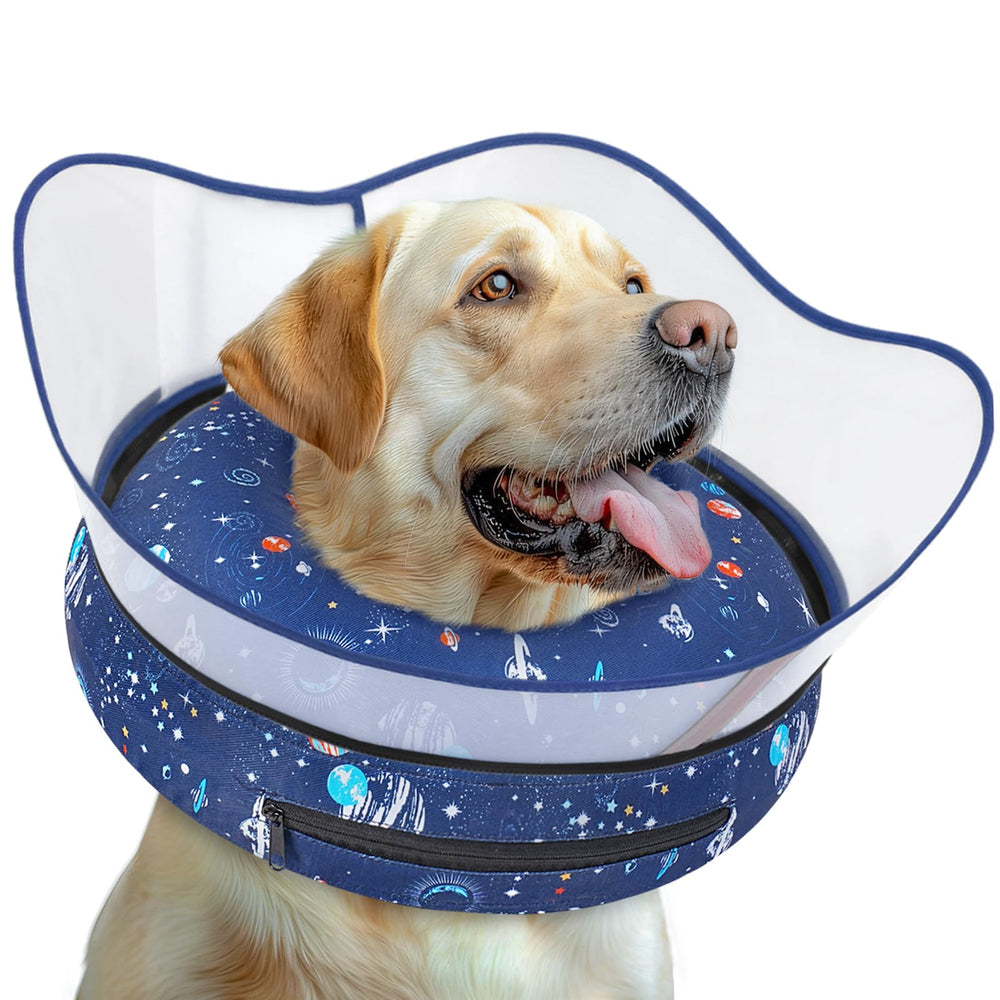 Toptakeit elevated inflatable dog cone closeup shows donut design for gentle post-surgery comfort