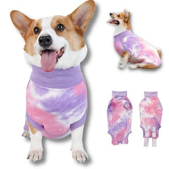 TORJOY breathable dog recovery suit tie-dye purple front view supports post-surgery comfort