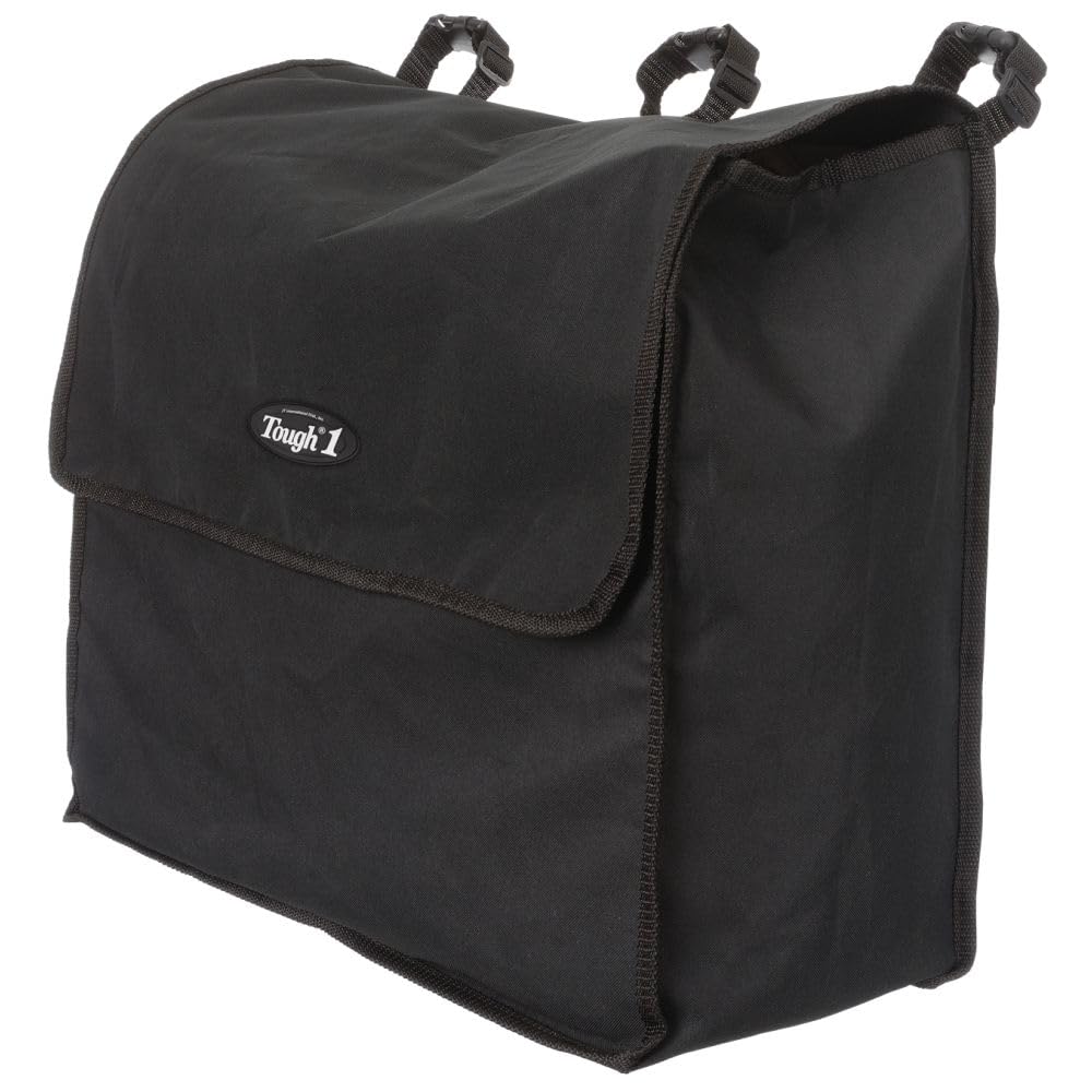 Tough 1 blanket storage bag attached to stall front for organized tack and quick access