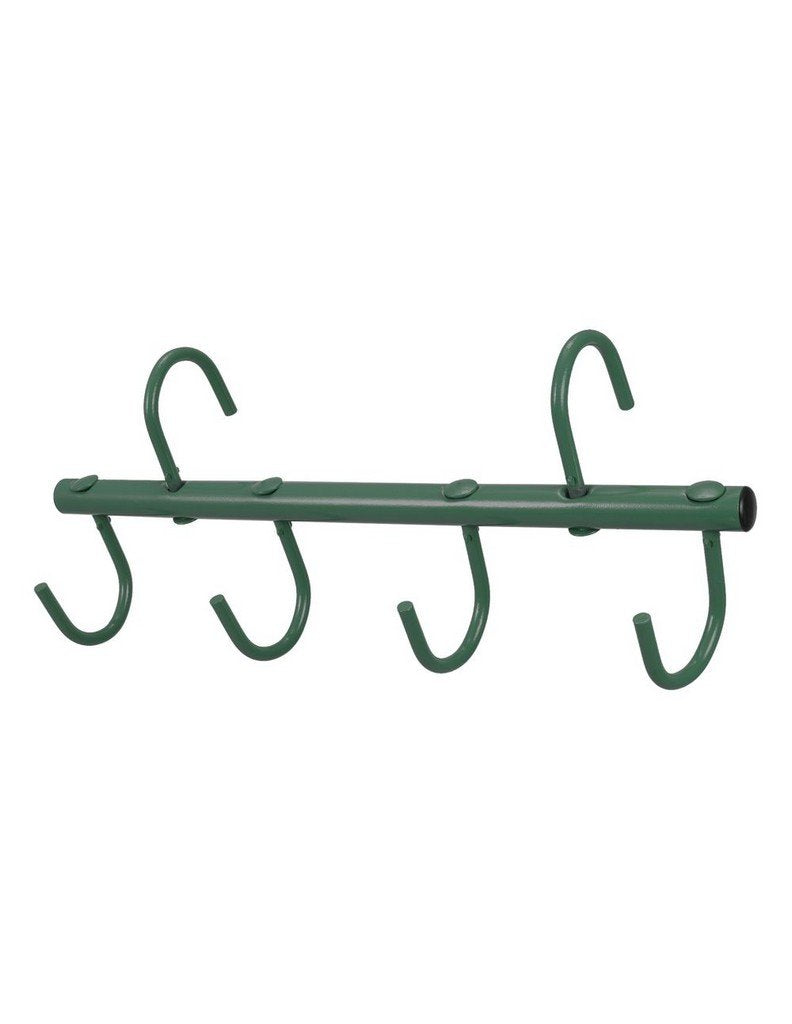 Tough 1 tack rack with four prongs hangs over stall for quick, clutter-free organization.