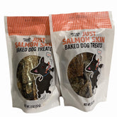 Trader Joe's Just Salmon Skin Baked Dog Treats bag shows two 2oz packs for training rewards
