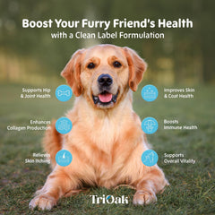 TriOak bottle label hip joint support signals premium collagen for dogs