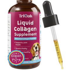 TriOak liquid collagen for dogs bottle highlights joint support and skin hydration benefits