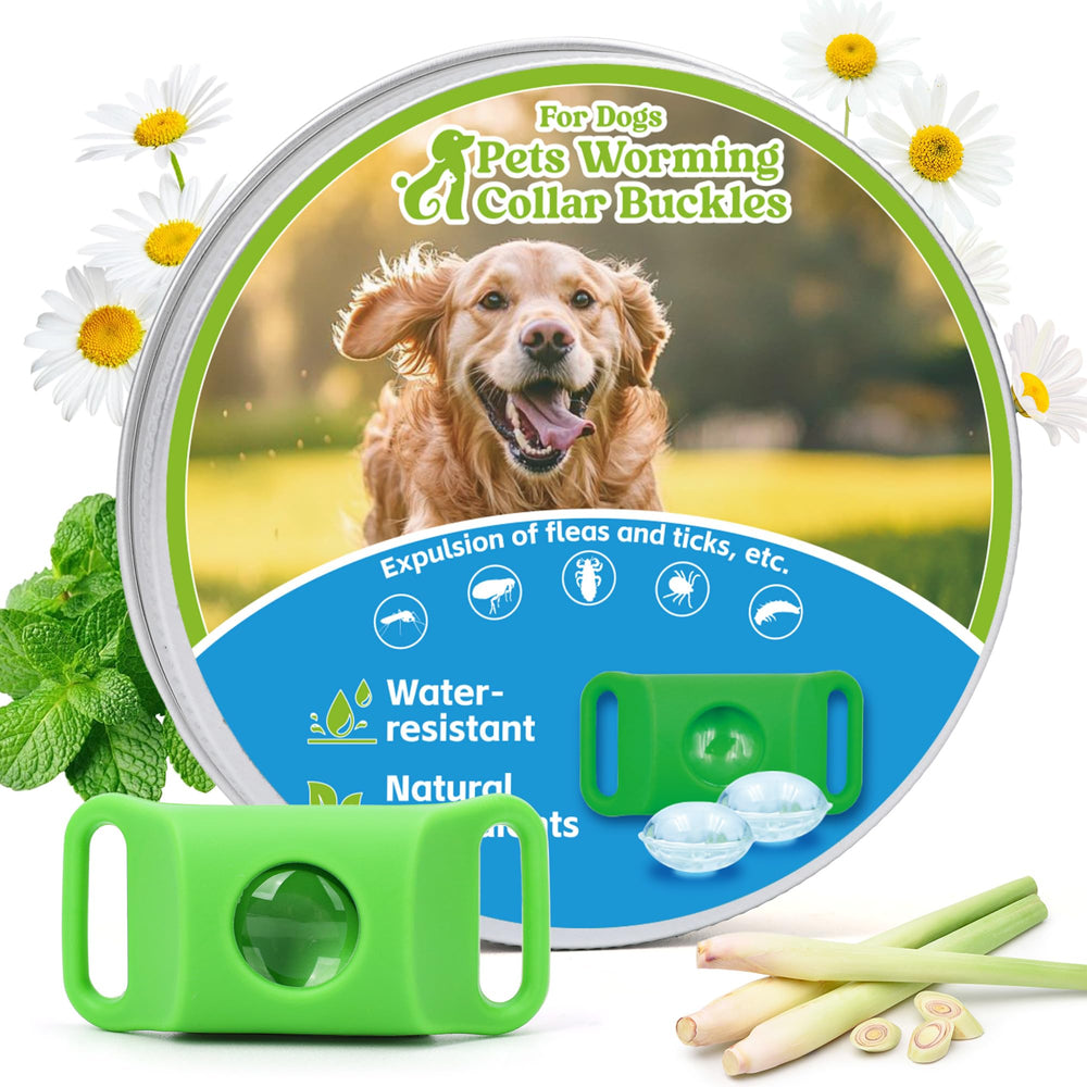 Trihood dog tag green close-up highlights chemical-free protection on pets