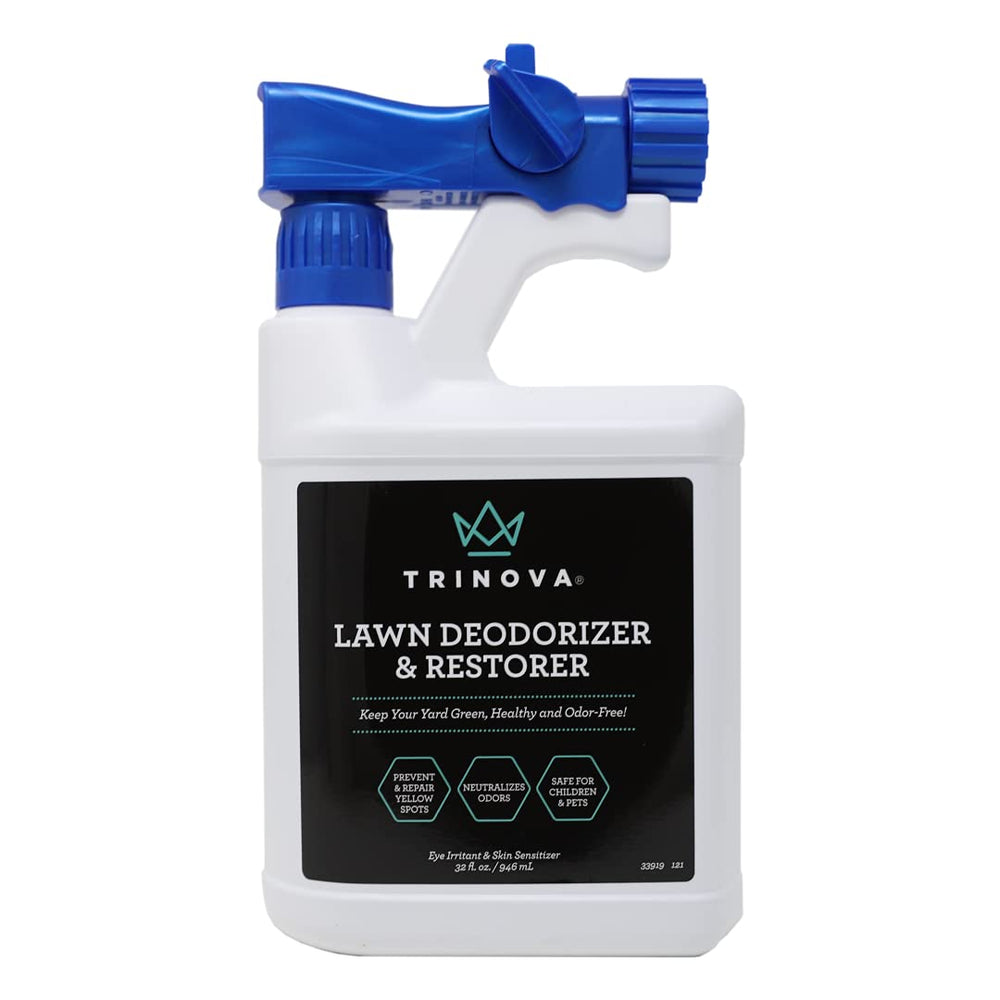 TriNova Outdoor Lawn Deodorizer bottle demonstrates odor-neutralizing action for fresh outdoor air.