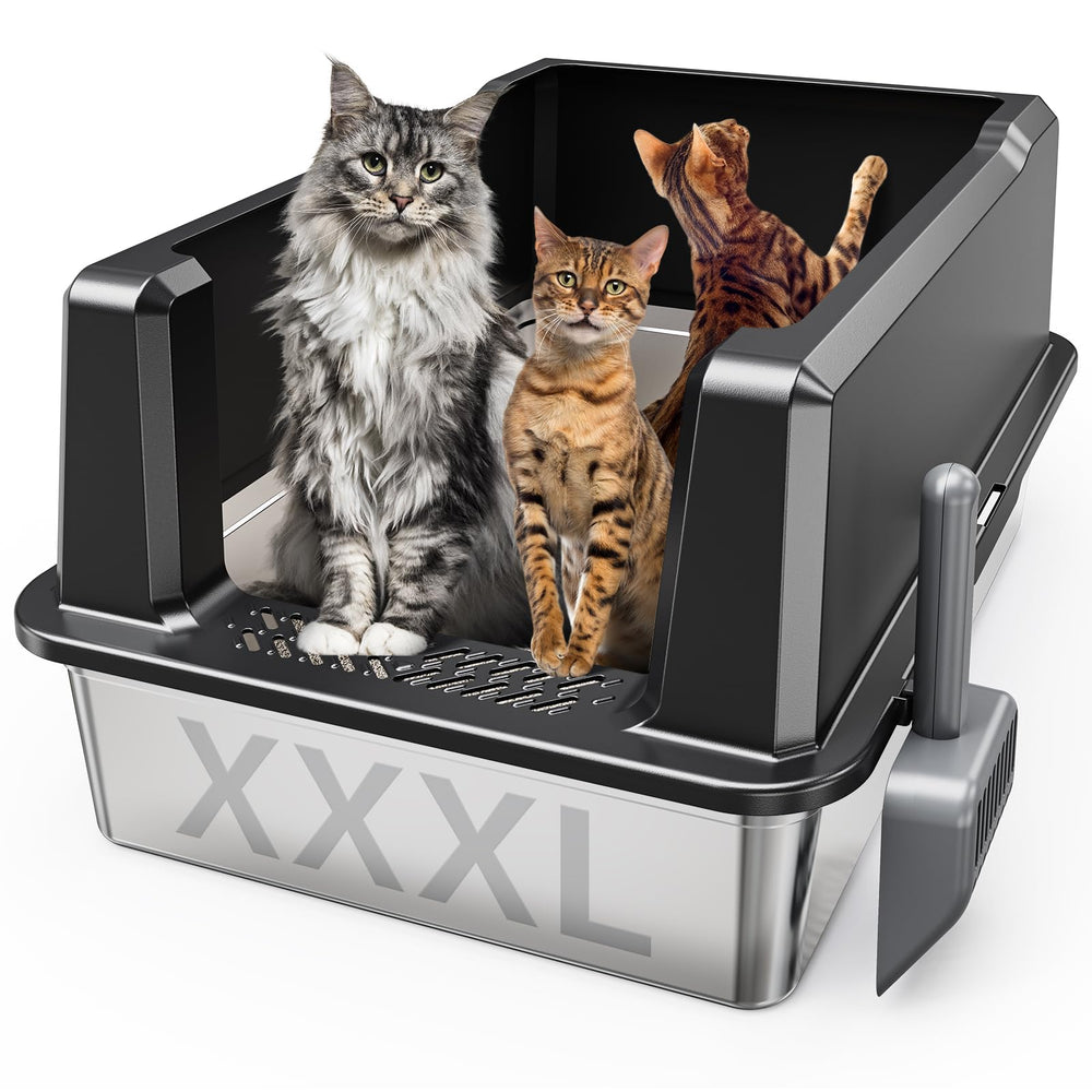 Tripamin XXL stainless steel litter box side view highlighting high sides for containment