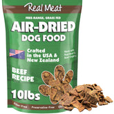 TRMC real meat air-dried dog food beef bag 10lb highlighting high-protein serving