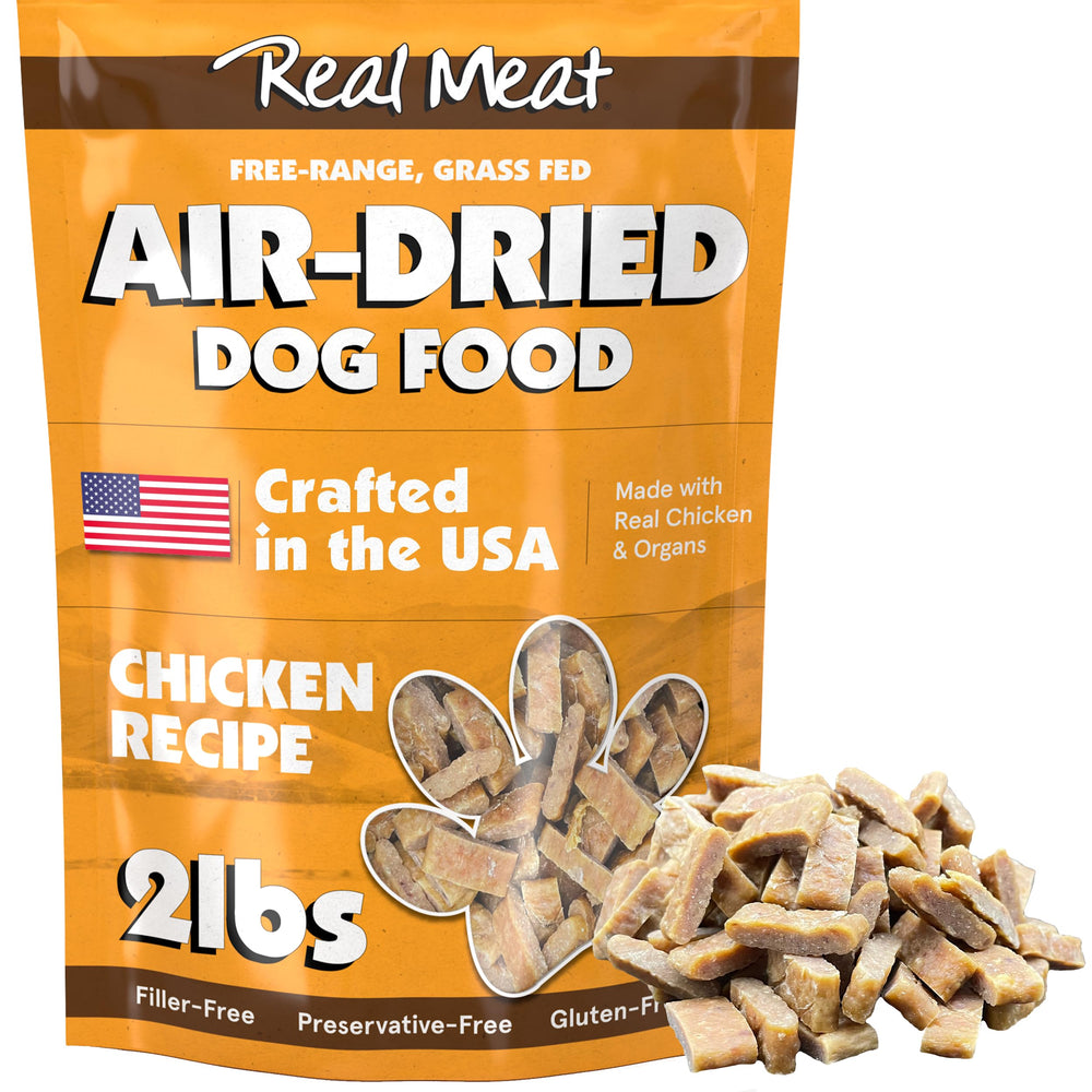 TRMC real meat air-dried dog food bowl showing high-protein USA chicken for active dogs.