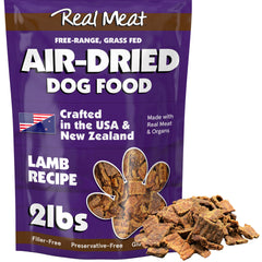 TRMC Real Meat Air-Dried Lamb in a bowl showing high-protein flavor for active dogs