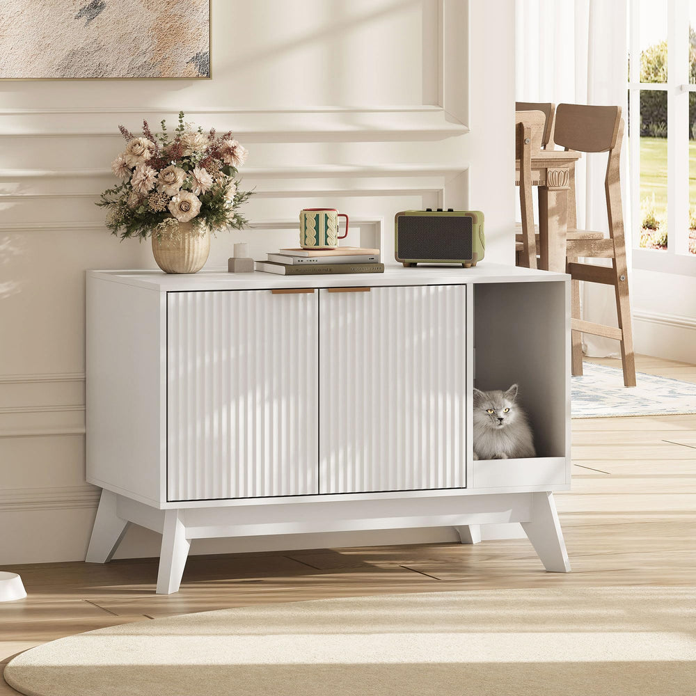 TROJM cat litter box enclosure entrance showcases curved doorway for private, comfortable cat bathroom breaks.